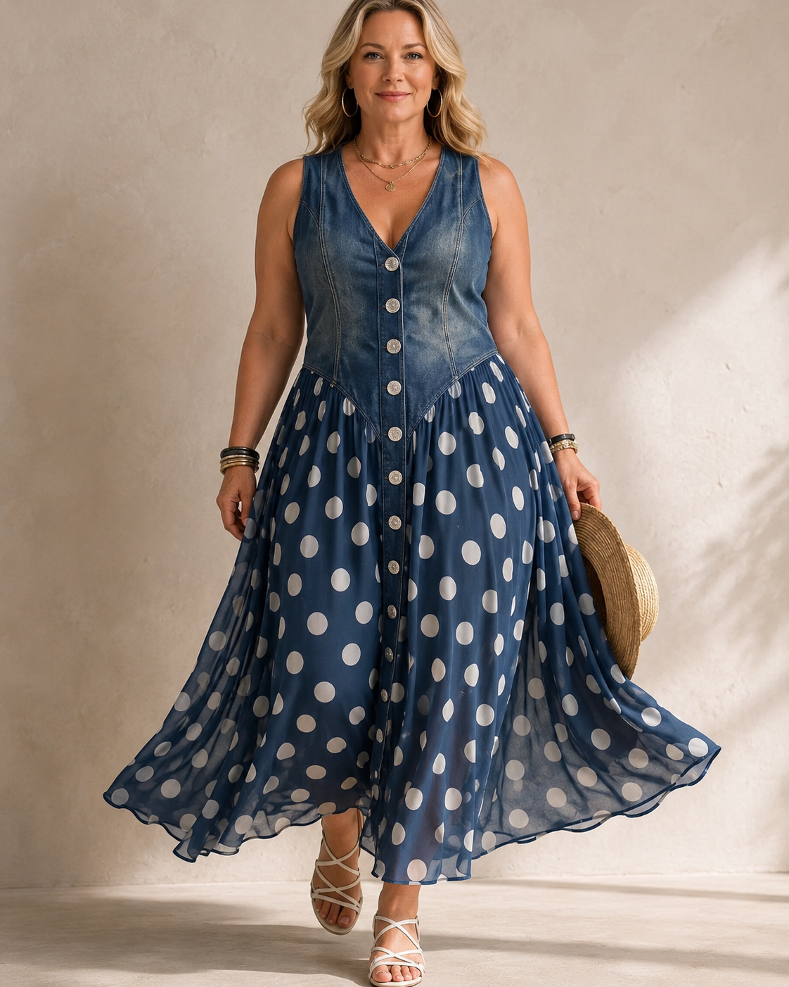 Denim Bodice V-Neck Sleeveless Polka Dot Maxi Dress