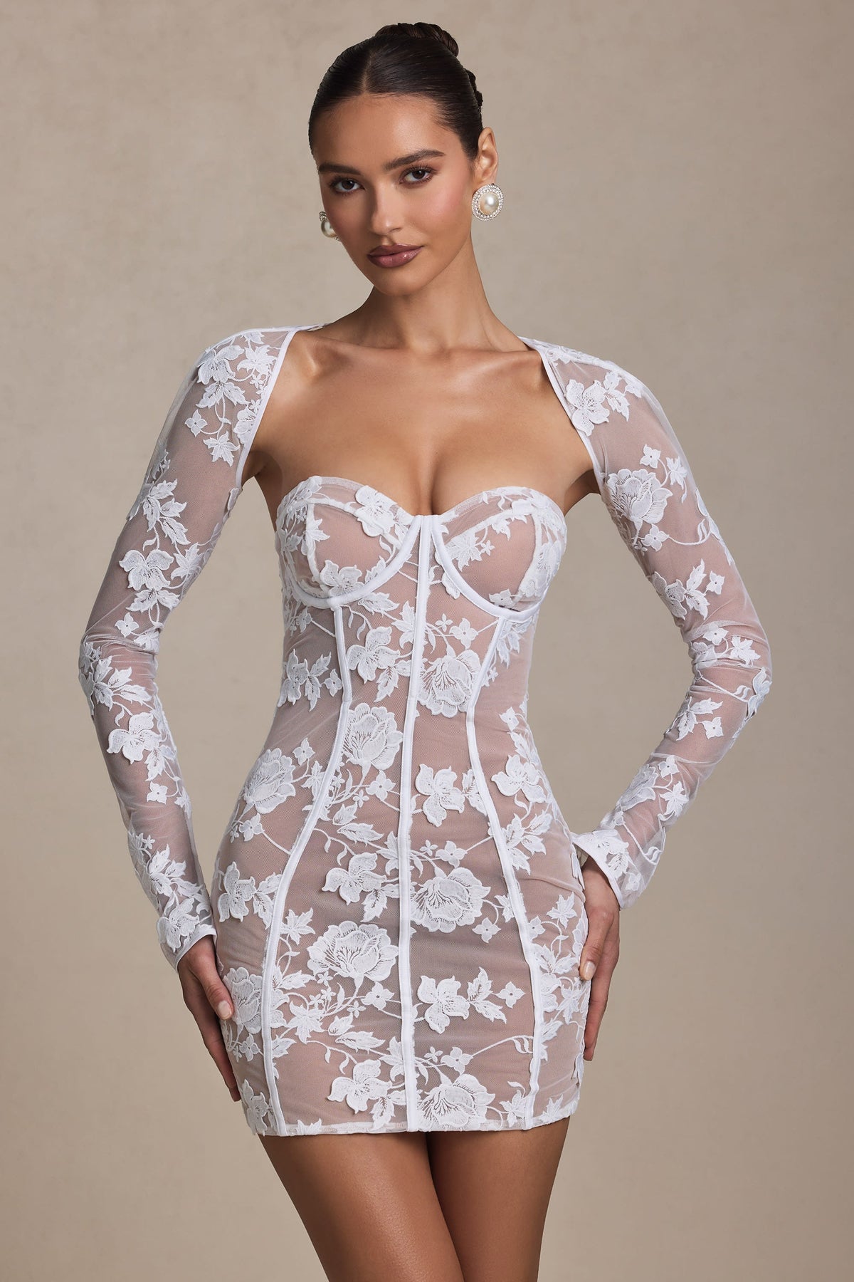 Floral Embroidered Sheer Mesh Bolero Sleeve Corset Bodycon Mini Dress