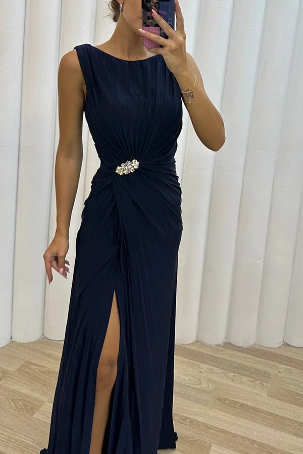 Crew Neck Sleeveless Micro Pleat Rhinestone Waist High Split Maxi Gown