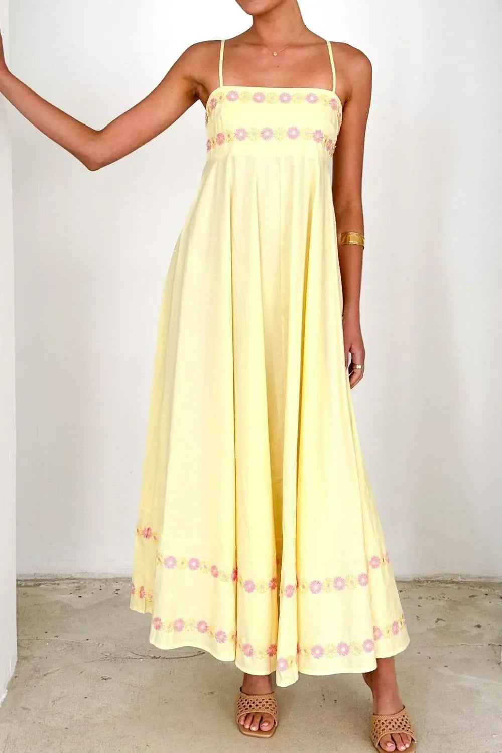 Floral Embroidered Spaghetti Strap Maxi Dress