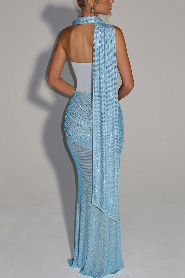 Lace Halter Neck Backless Fit and Flare Midi Dress