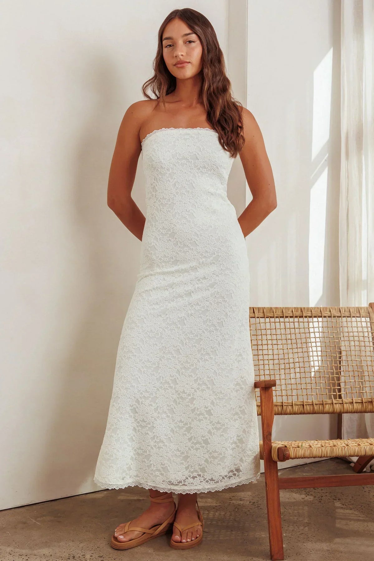 Floral Lace Strapless Scalloped Hem Column Maxi Dress 5