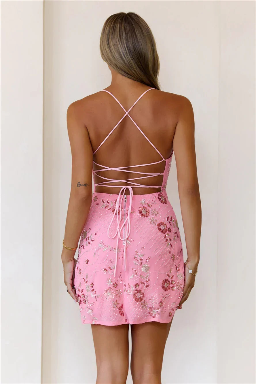 Floral Beaded Cowl Neck Lace Up Back Slip Mini Dress 3