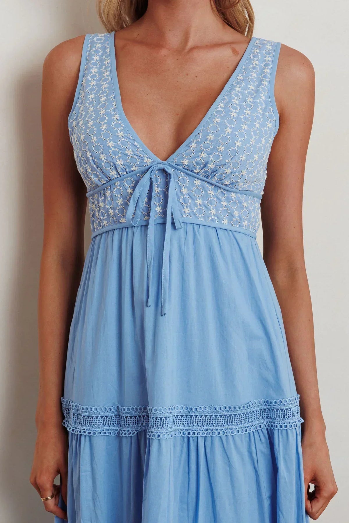 Embroidered Bodice V-Neck Tie Front Lace Trim Tiered Maxi Dress 4