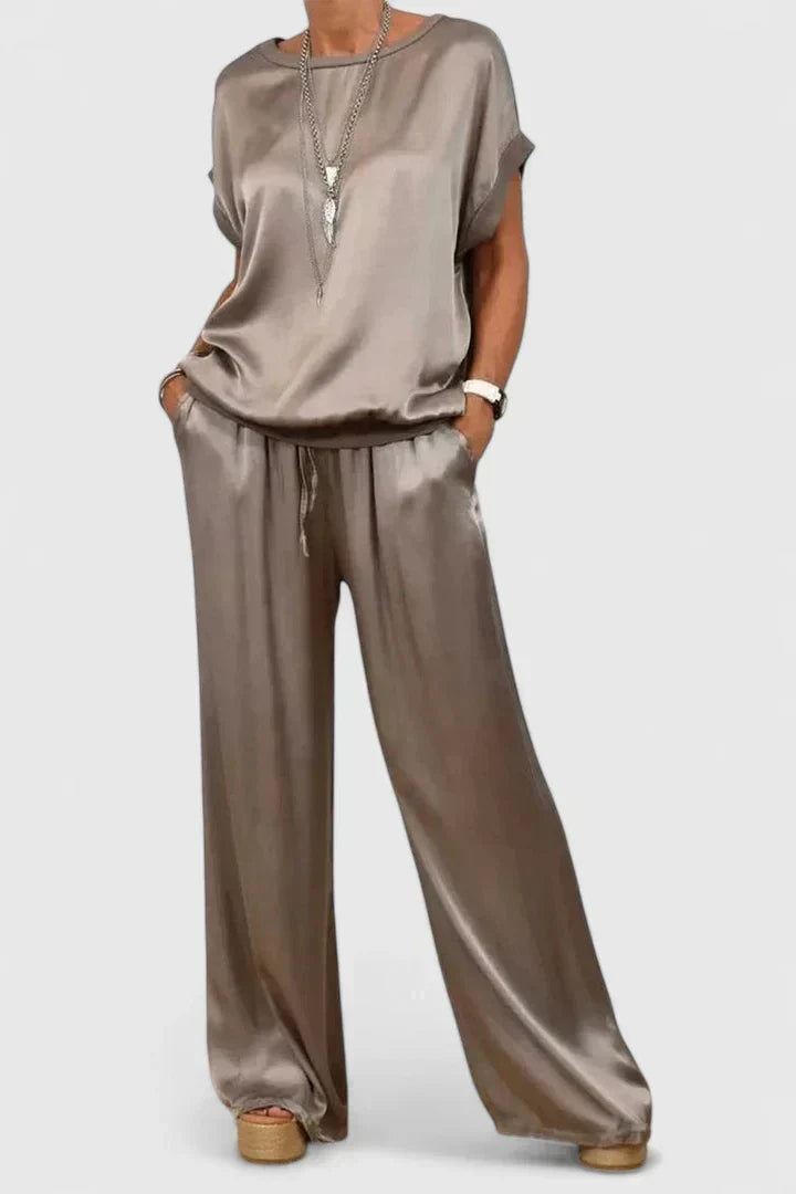 Satin Short Sleeve Top and Wide Leg Pants Two Piece Set