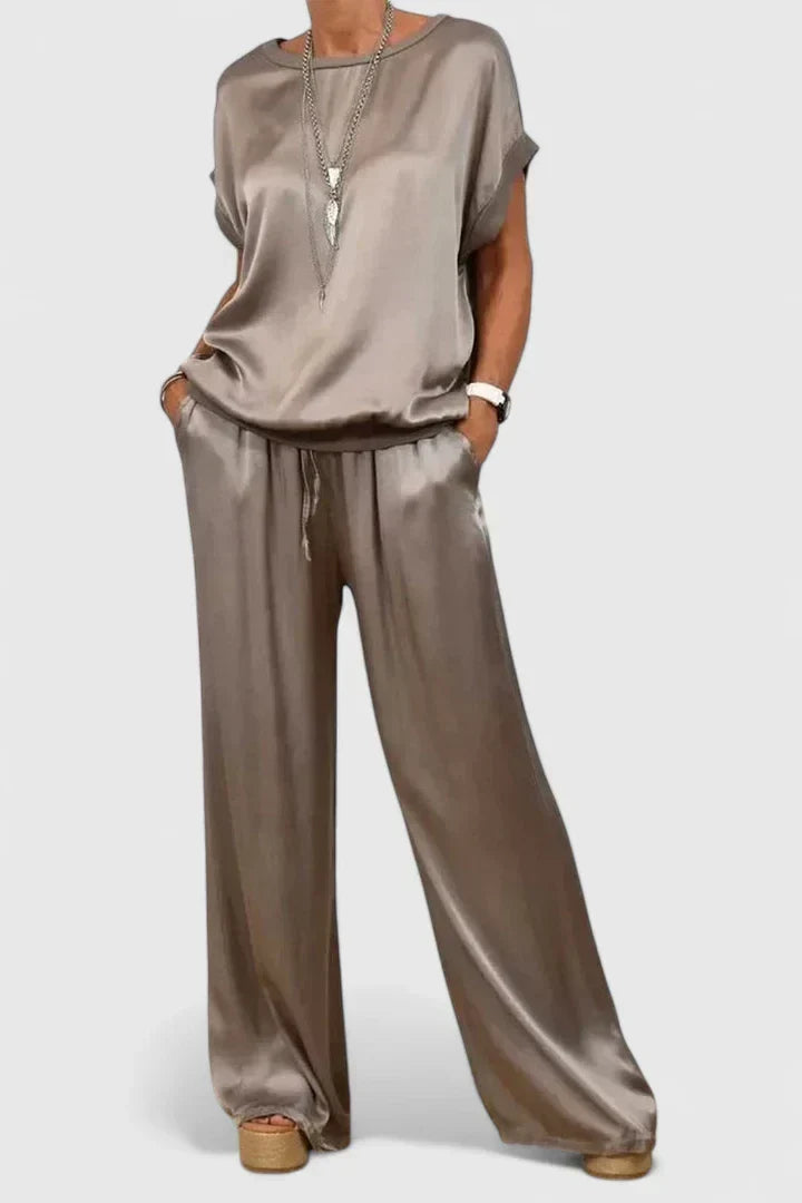 Round Neck Short Sleeve Top and Wide Leg Drawstring Pants Two Piece Set