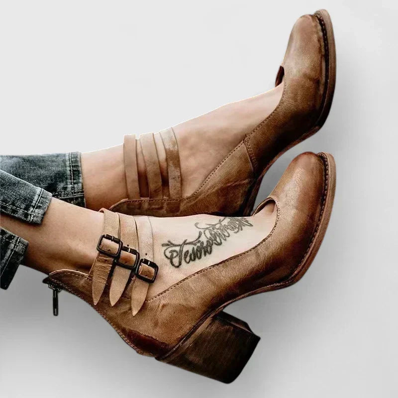 Round Toe Triple Buckle Ankle Strap Block Heel Pumps