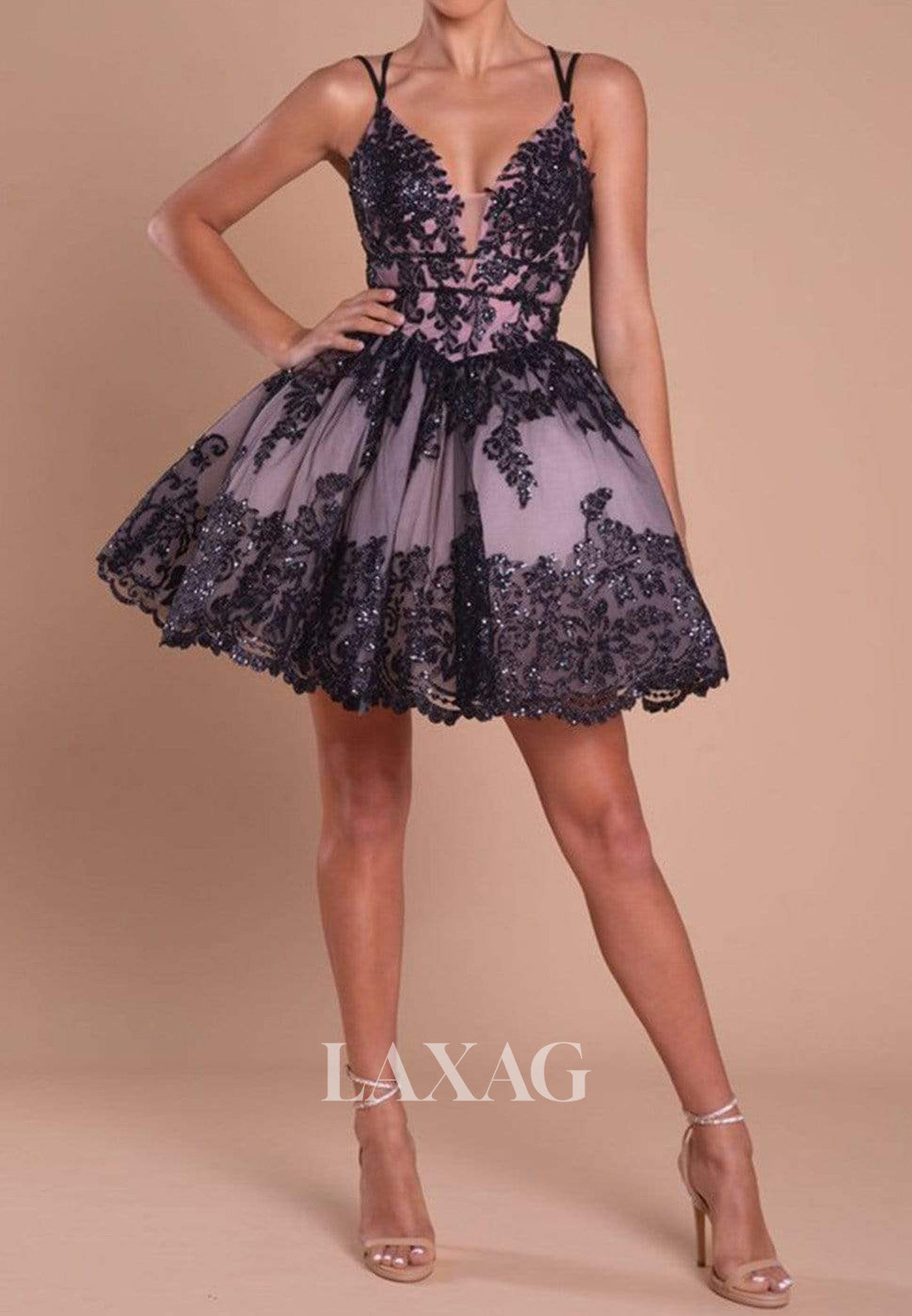 Deep V-Neck Spaghetti Straps Sequined Applique Pleated Tulle A-Line Party Homecoming Dress