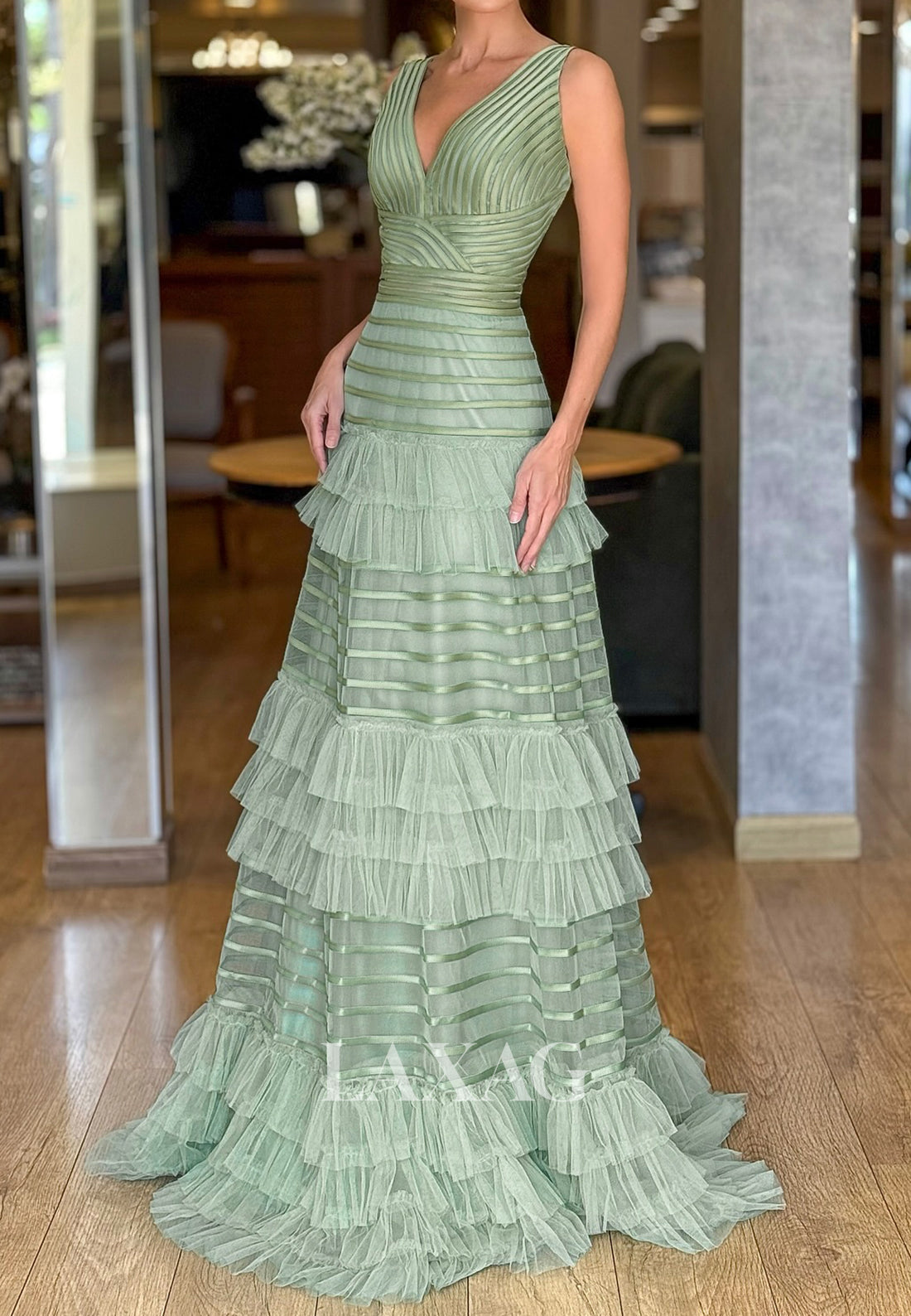 Deep V-Neck Off-Shoulder Sleeveless Formal Gowns Pleated Tiered Tulle A-Line Evening Dress