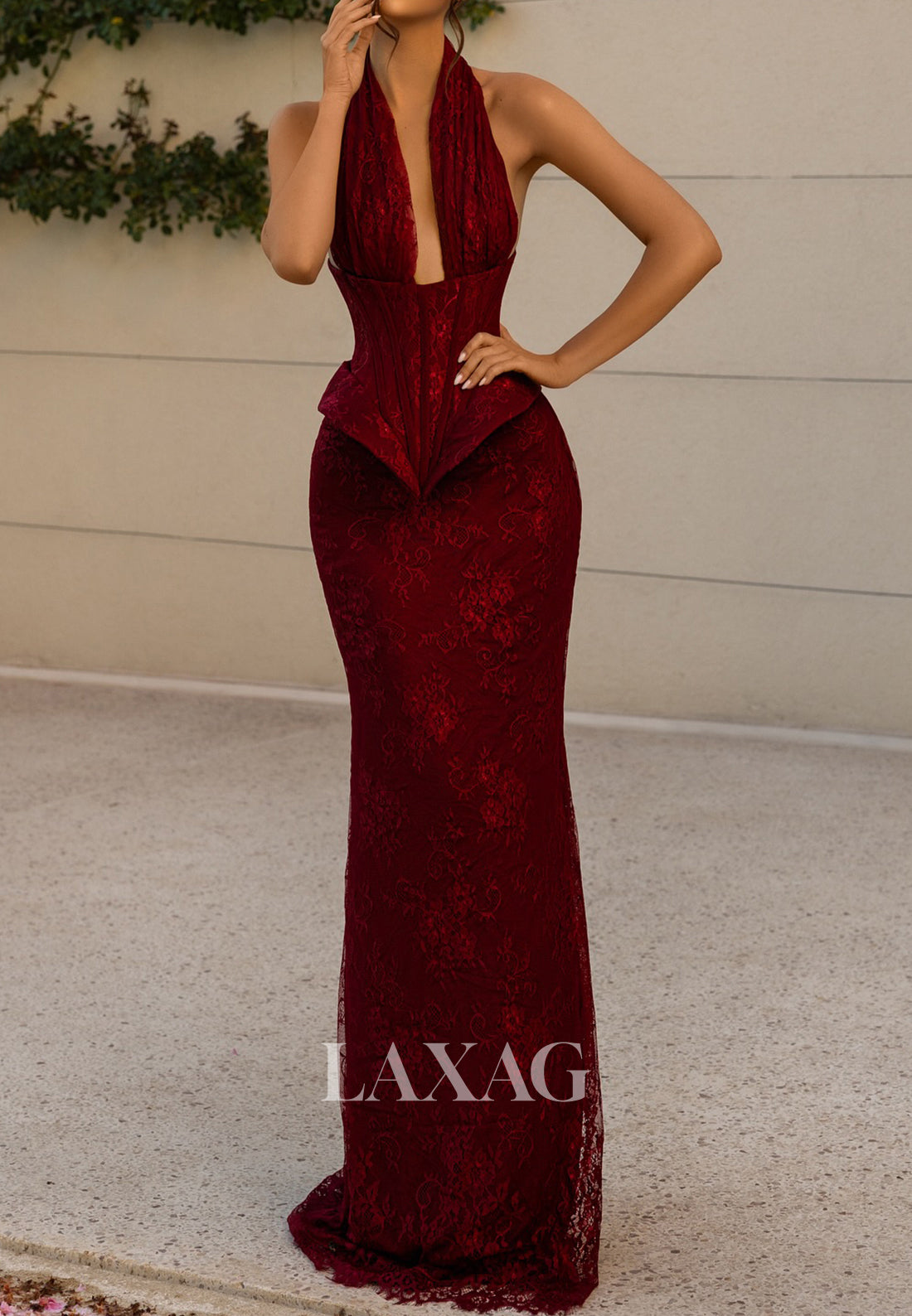 Off-Shoulder Halter-Neck Mermaid Evening Dress Sleeveless Allover Lace Floor-Length Formal Gowns