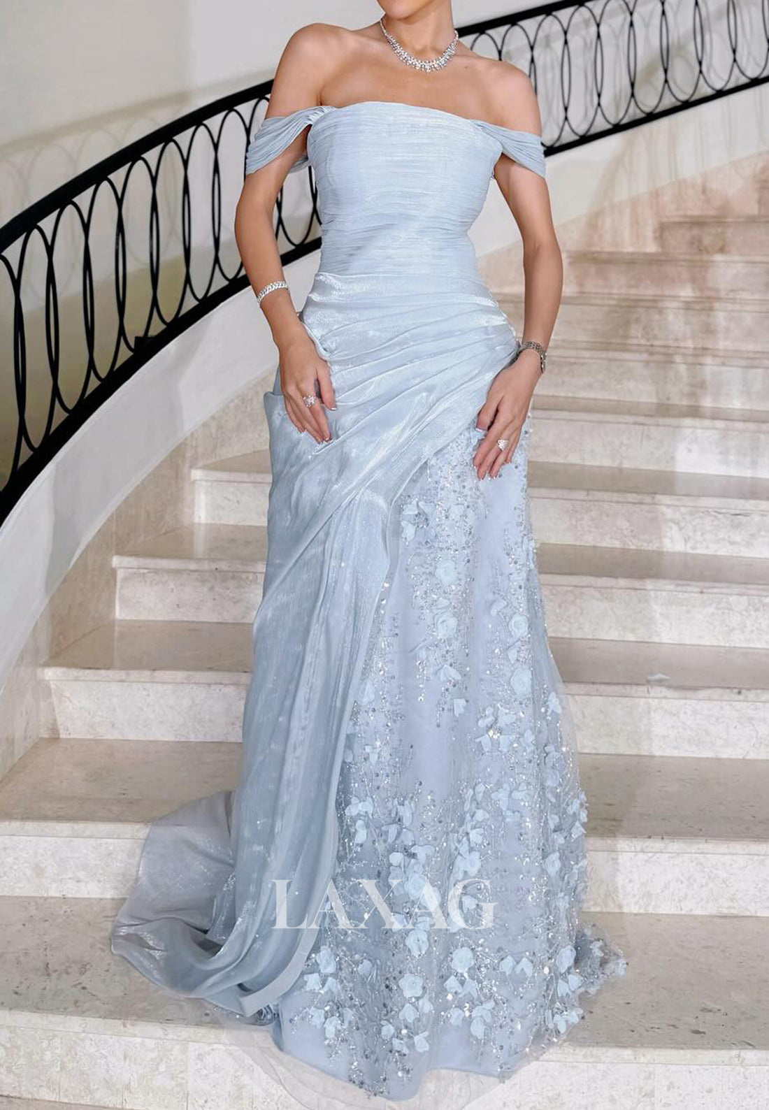 Sleeveless Tube Top Pleated Chiffon Formal Gowns Applique Sequined Mermaid Evening Dress