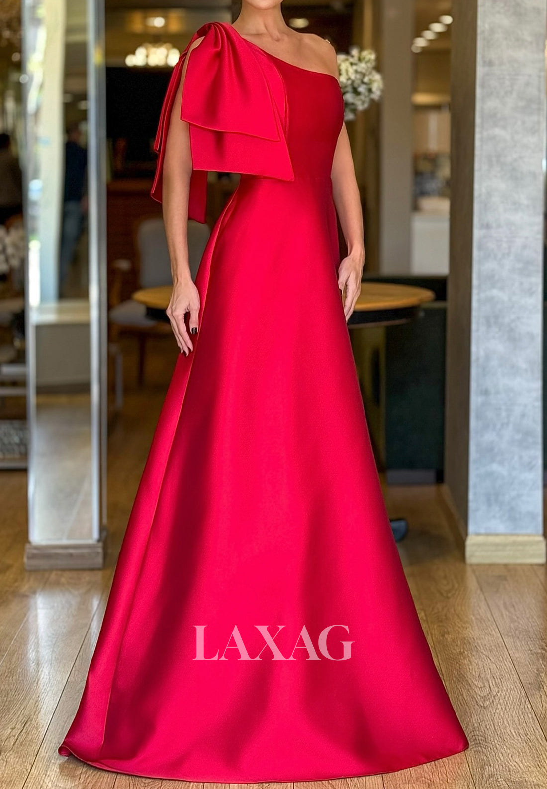Asymmetrical-Neck Sleeveless Satin A-Line Evening Dress Floor-Length Formal Gowns with Big Bow