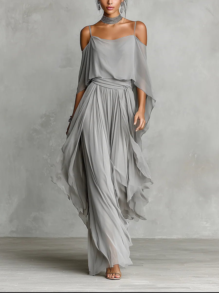 Cold Shoulder Draped Cami and Wide Leg Pants Chiffon Two Piece Set
