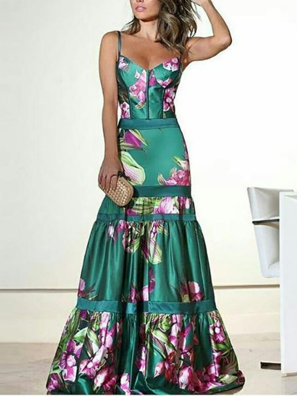 Satin suspender printed panel maxi dress Green