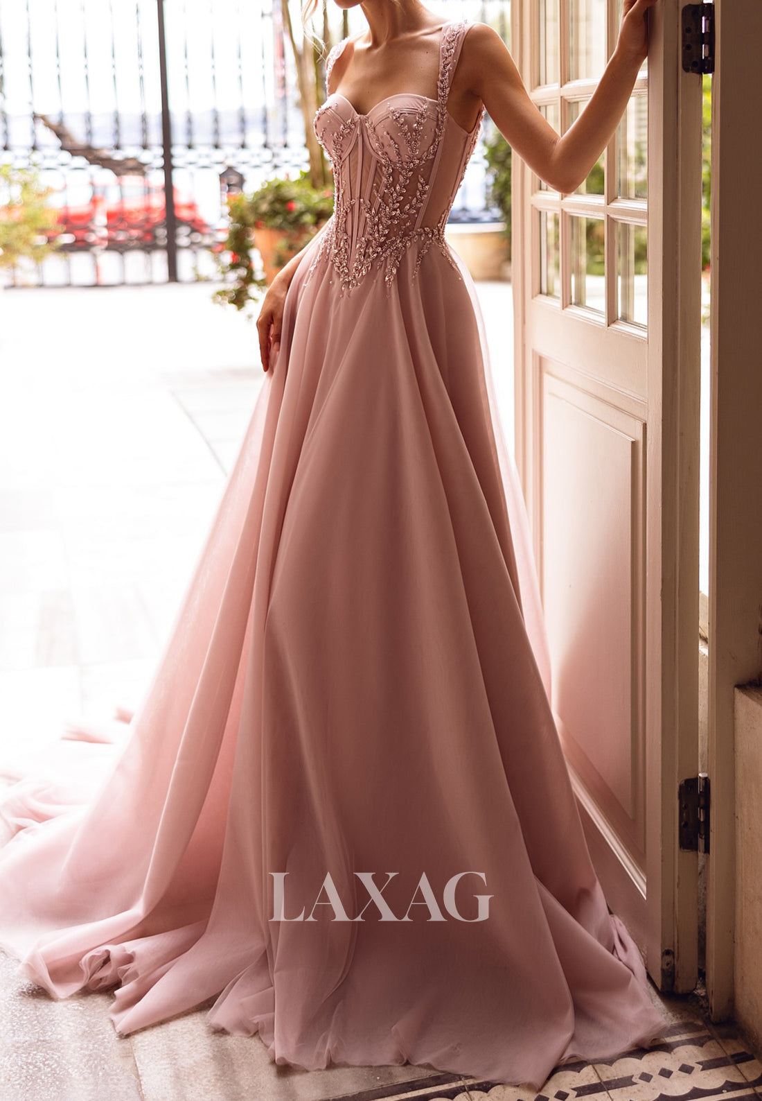 Sweetheart Straps Sleeveless A-Line Evening Dress Beaded Pleated Chiffon Formal Gowns with Train