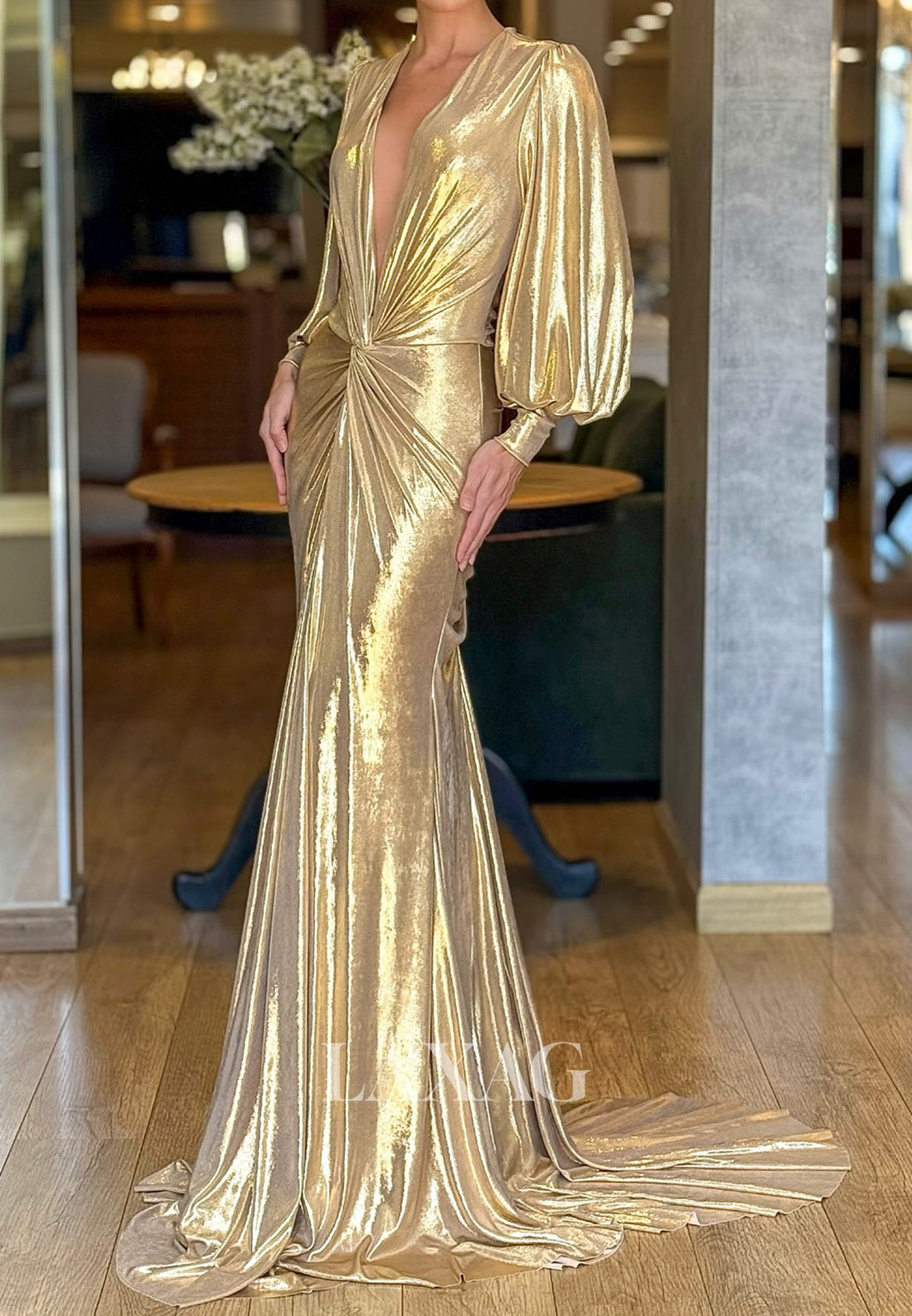 Deep V-Neck Long-Sleeves Formal Gowns Pleated Metallic-Satin Mermaid Evening Dress with Train