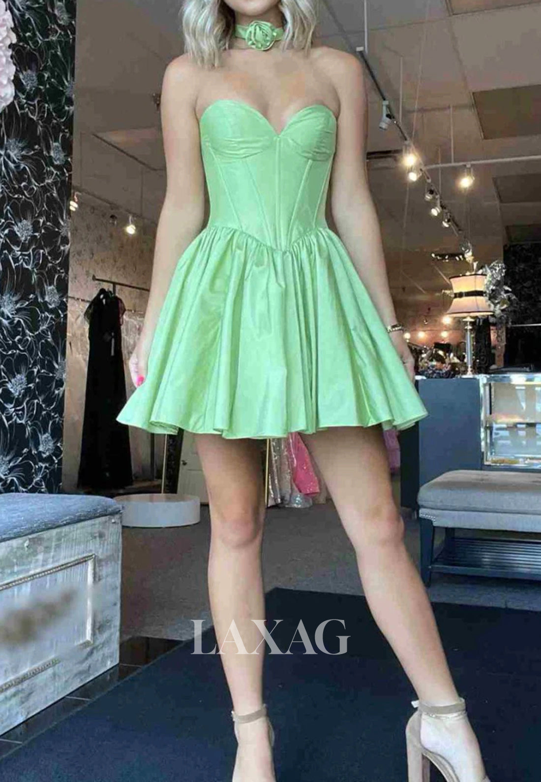 Off-Shoulder Sweetheart Sleeveless Satin Pleated A-Line Simple Party Homecoming Dress