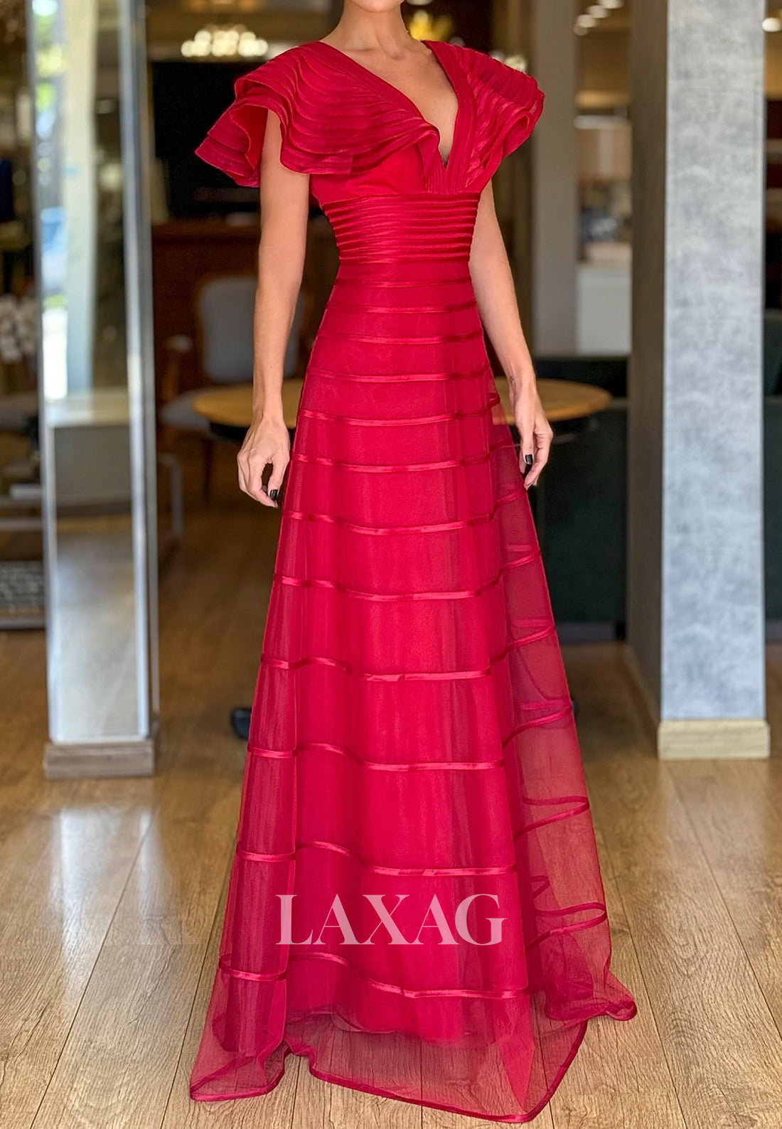 V-Neck Cap-Sleeves Floor-Length Formal Gowns Tulle A-Line Evening Dress