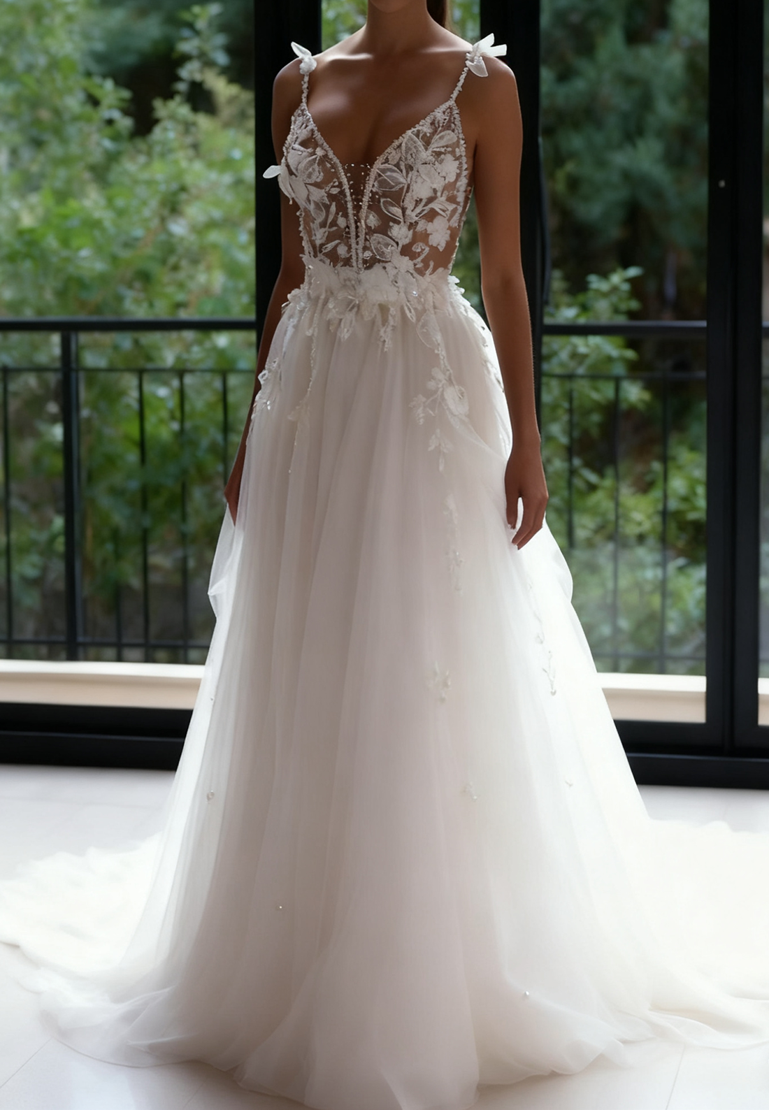 Deep V-Neck Spaghetti Straps Sleeveless Beaded Sequined Pleated Tulle A-Line Wedding Dress