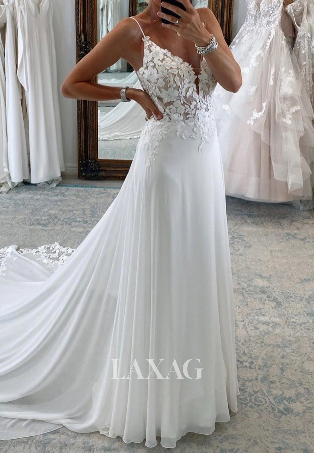 V-Neck Spaghetti Straps Sleeveless Lace Applique Chiffon A-Line Wedding Dress with Train