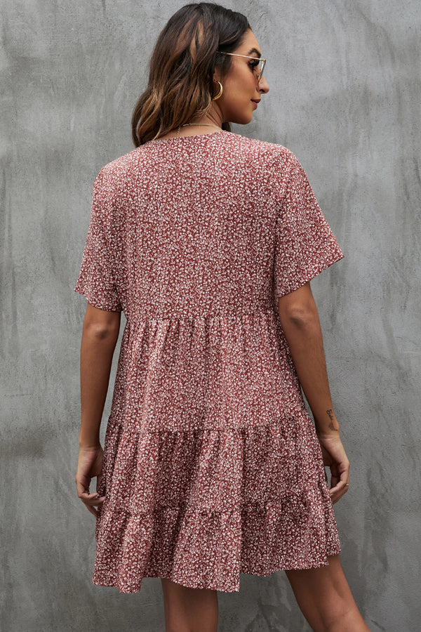 Fashion Button V Neck Mini Dress