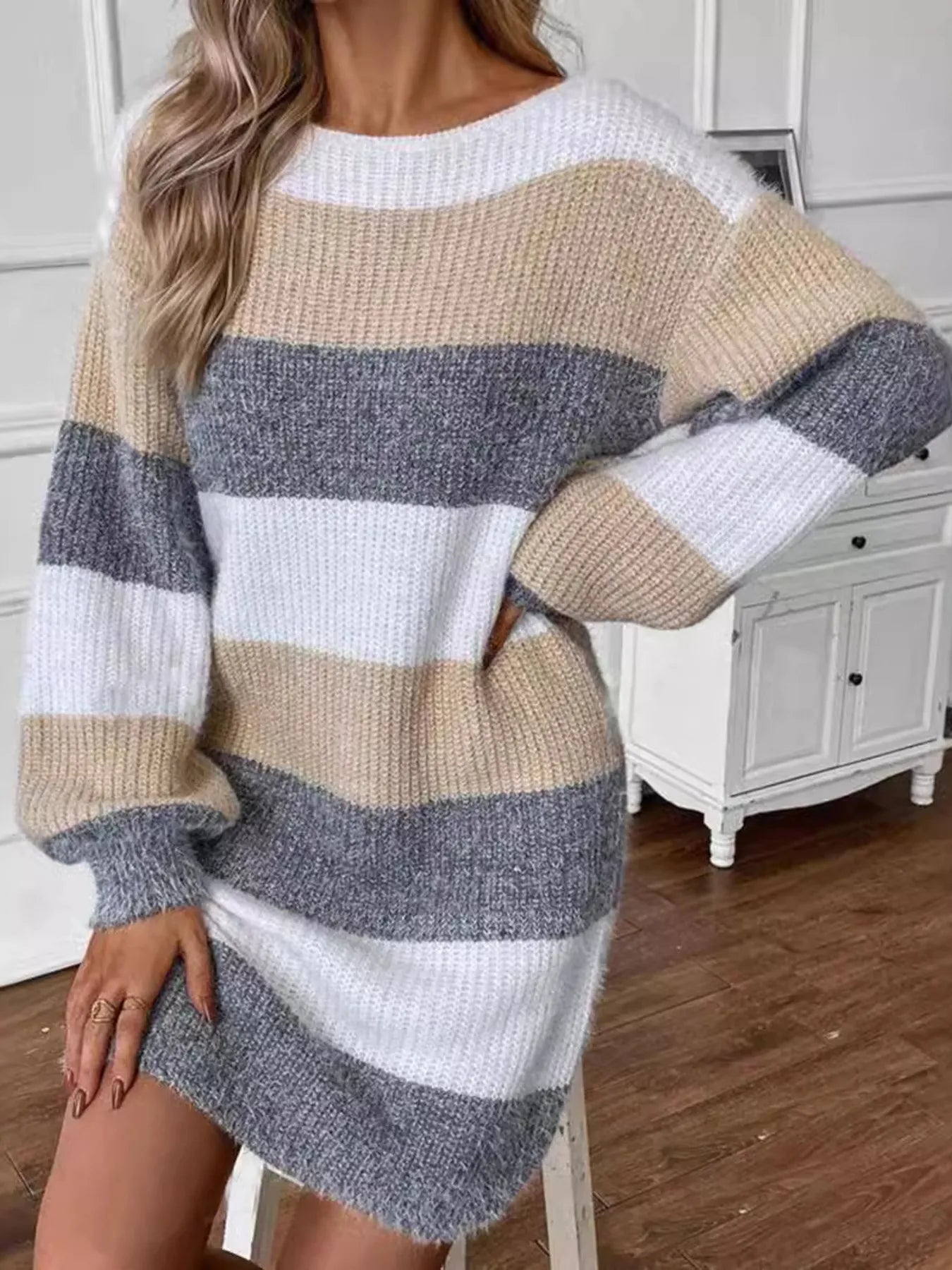 Color Block Long Sleeve Sweater Dress – Cozy Knit Fall Mini Dress Multicolor