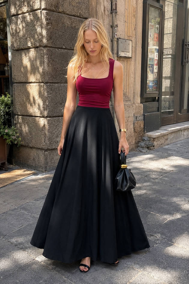 Elegant Black Ins Style Umbrella Maxi Skirt