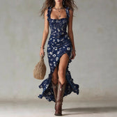 Floral Smocked Ruffle Strap High Split Mermaid Maxi Dress 4