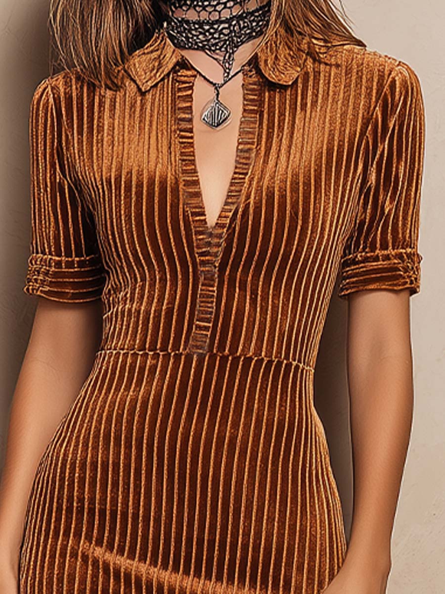 Caramel Velvet Striped Slit Lace Hem Midi Dress