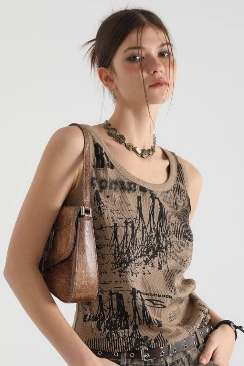 Scoop Neck Sleeveless Distressed Graphic Print Knit Tank Top 2