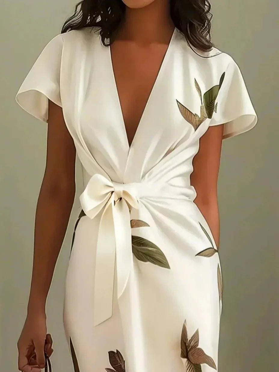 Satin Deep V-Neck Short Sleeve Wrap High Split Midi Dress 2
