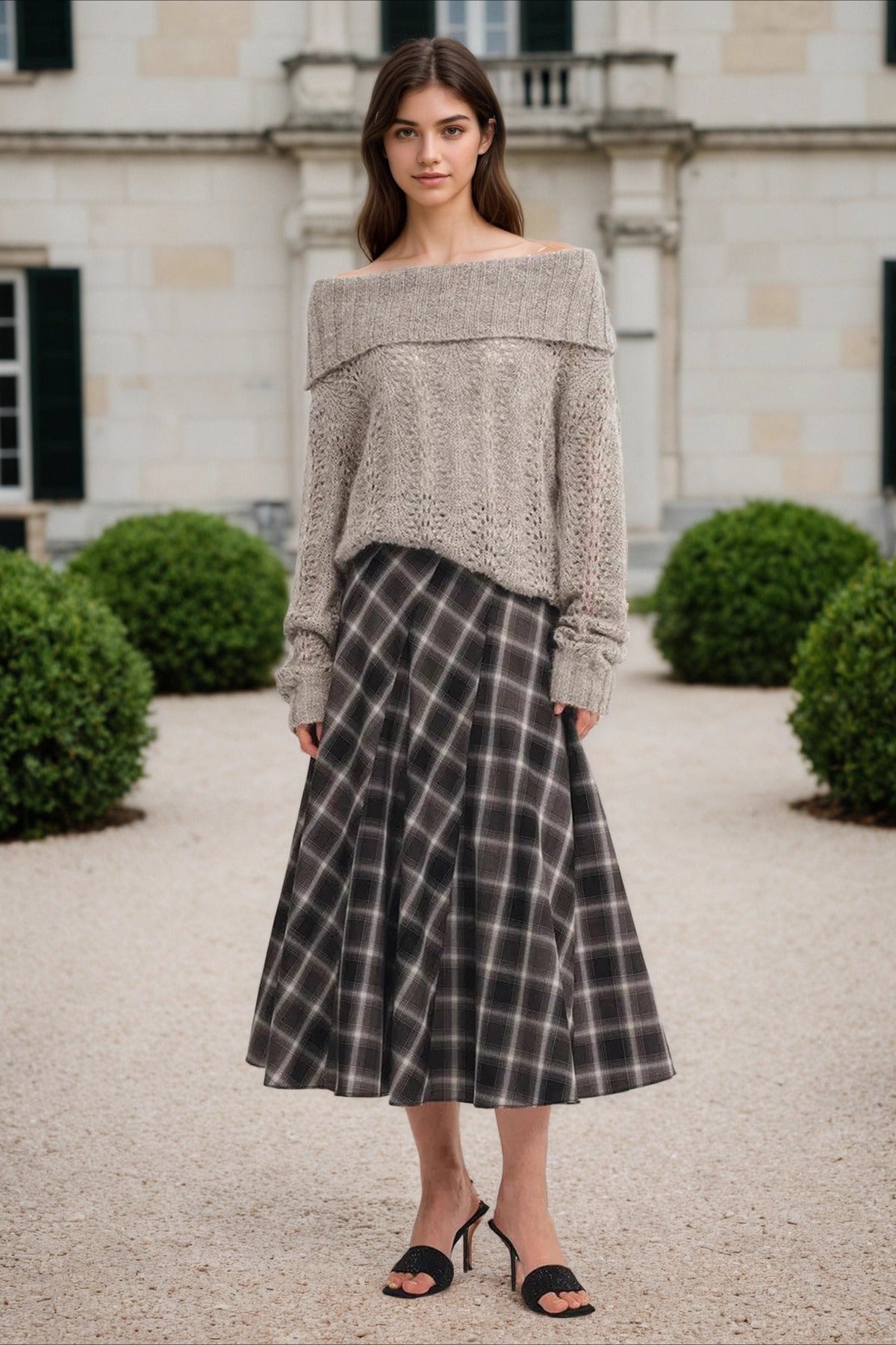 Plaid High Waist Paneled Flared Midi Skirt