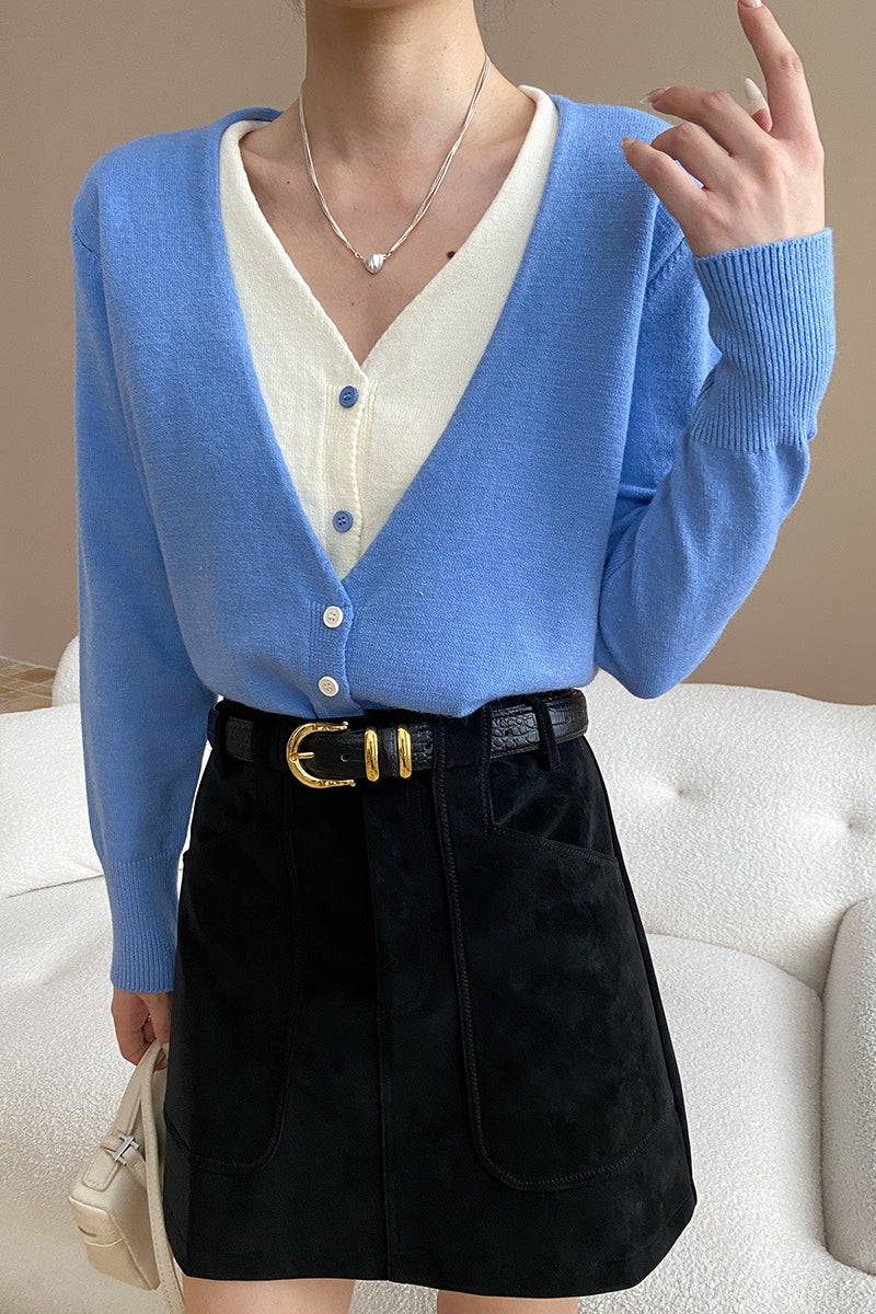 V-Neck Long Sleeve Two Tone Layered Look Button Front Knit Cardigan 9