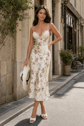 V Neck Lace Satin Spliced Strap Floral Dress