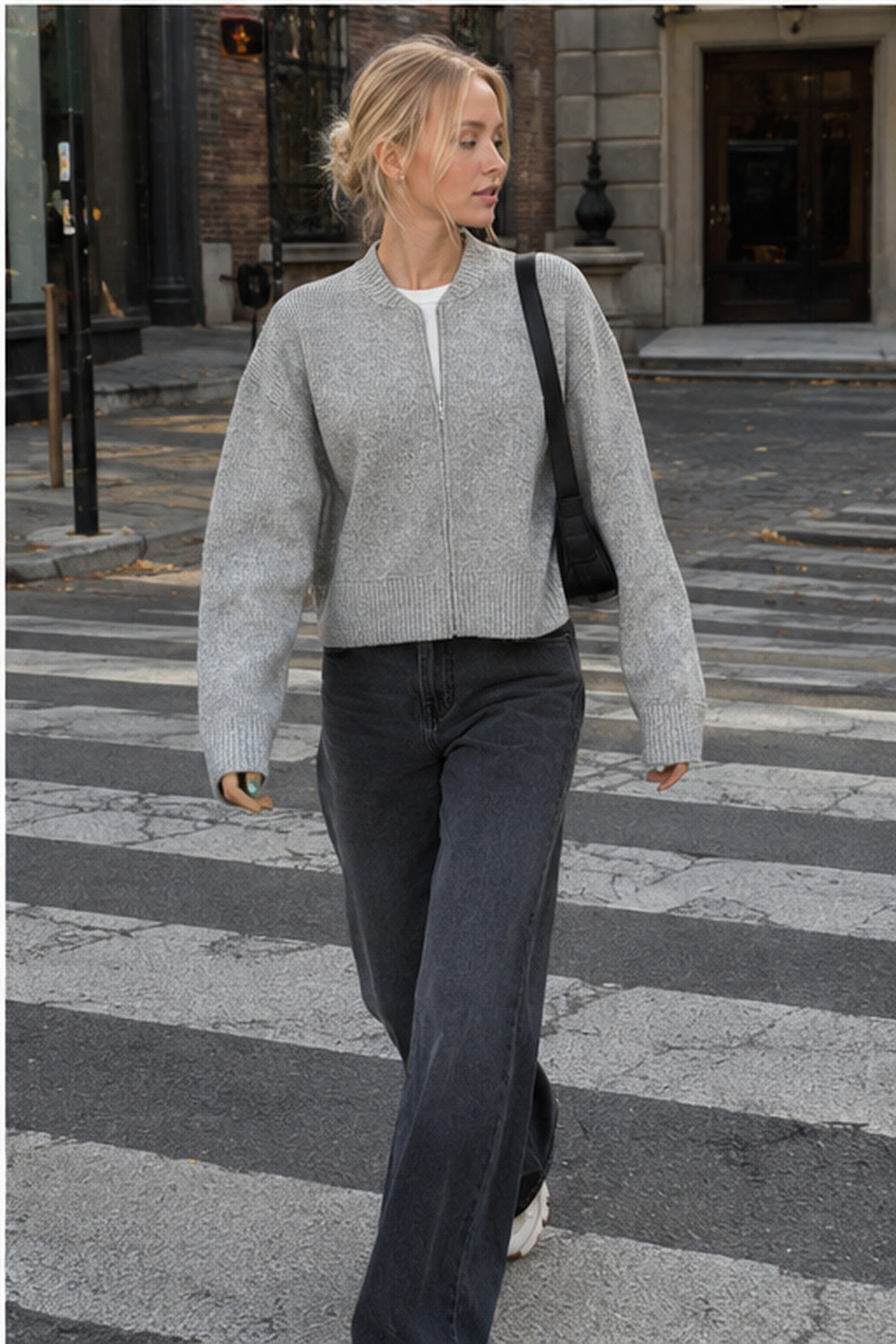 Casual Solid Color Zip-Up Loose Fit Knit Sweater