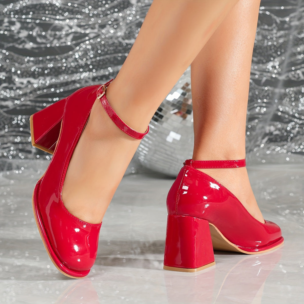Patent Look Ankle Strap Block Heel Mary Jane Pumps