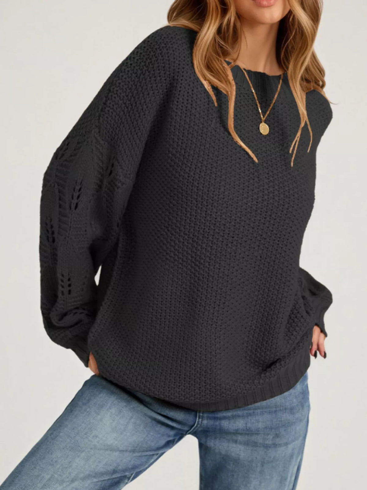 Oversized Textured Knit Openwork Lantern Sleeve Drop Shoulder Sweater 7
