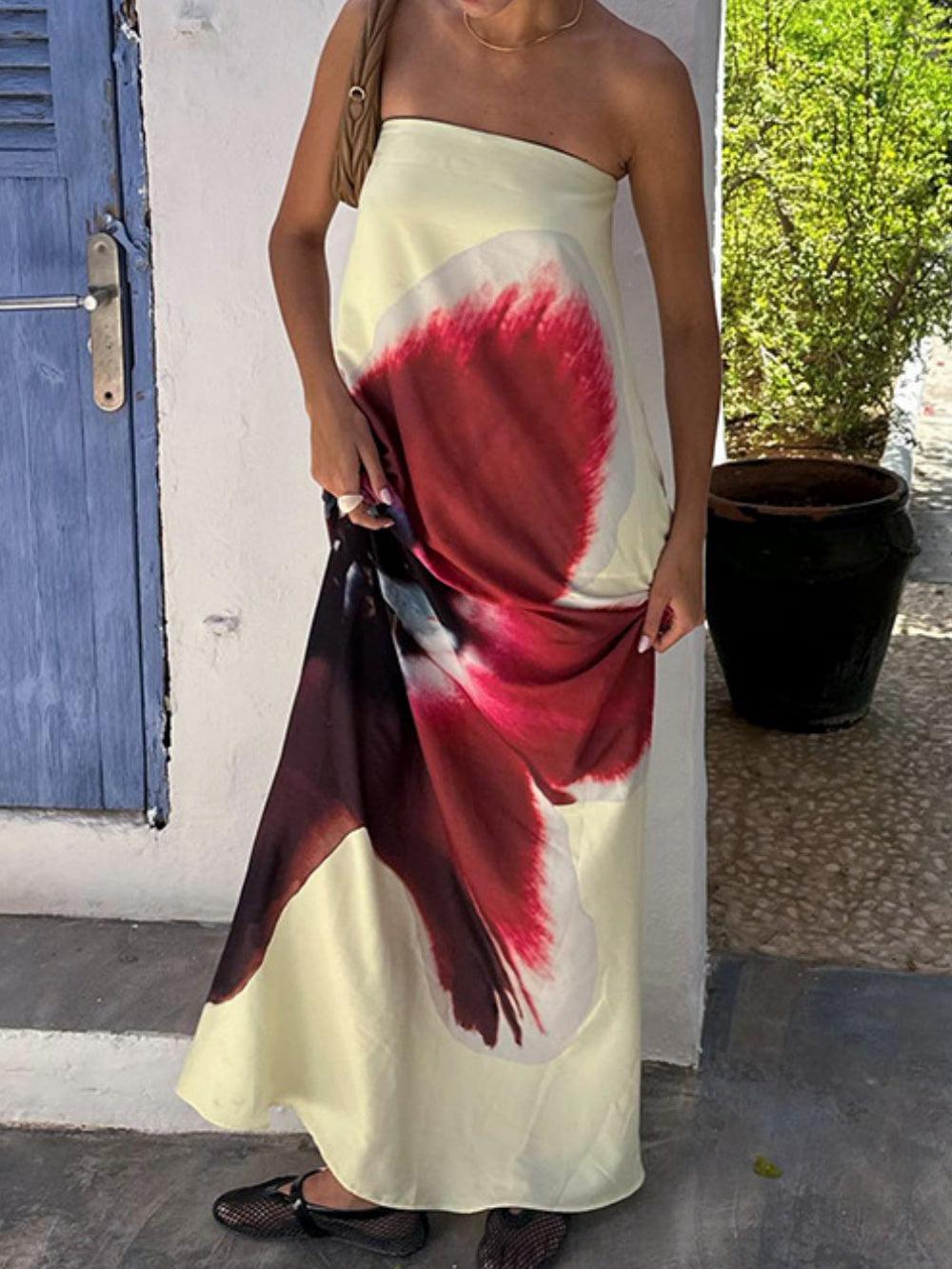 Printed tube top open back high waist dress Yellow