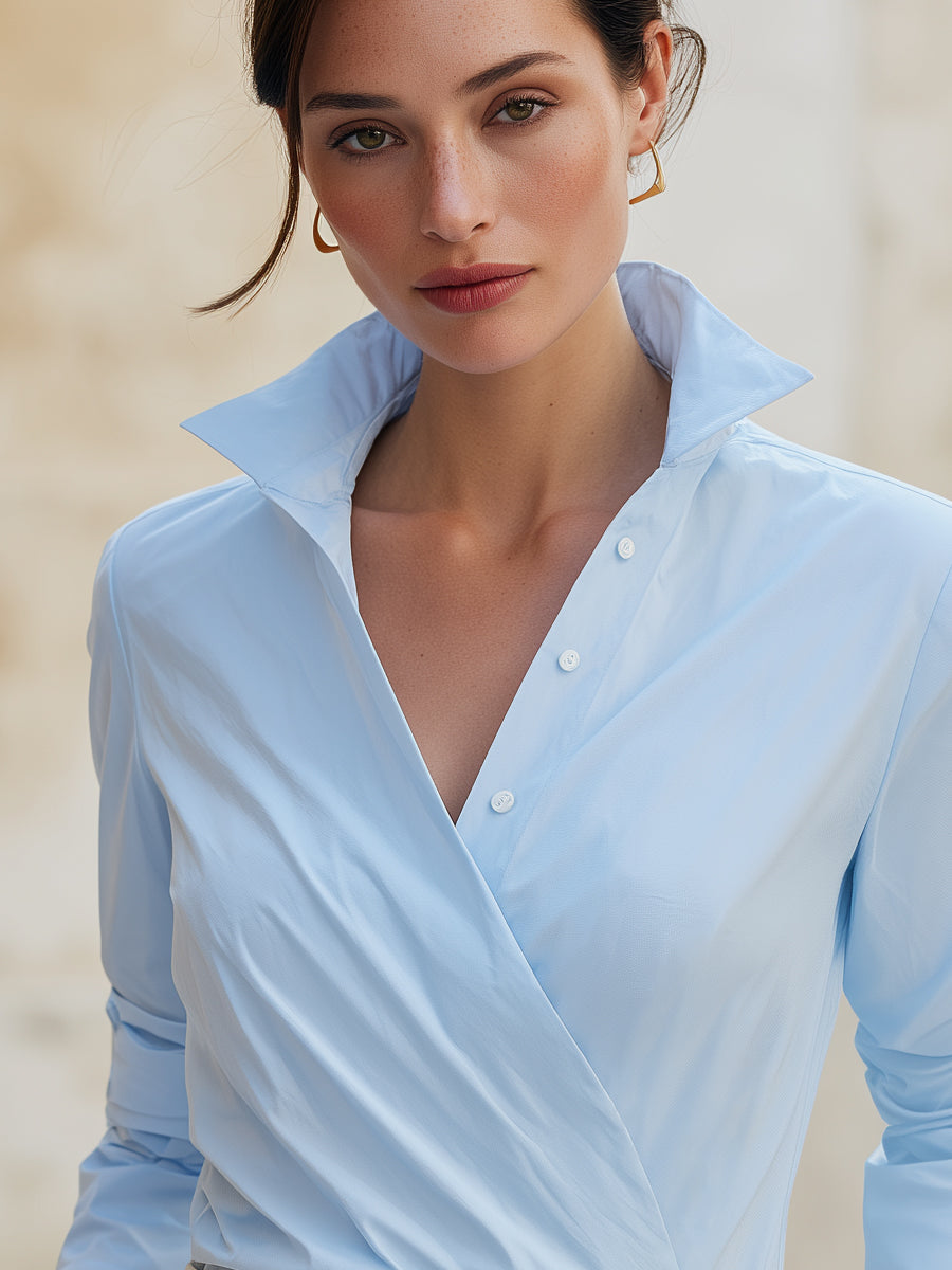 High Collar Wrap Front Long Sleeve Blouse
