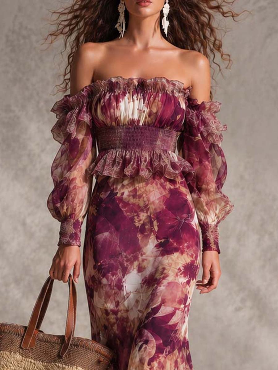 Floral Print Off Shoulder Long Sleeve Smocked Ruffle Maxi Dress