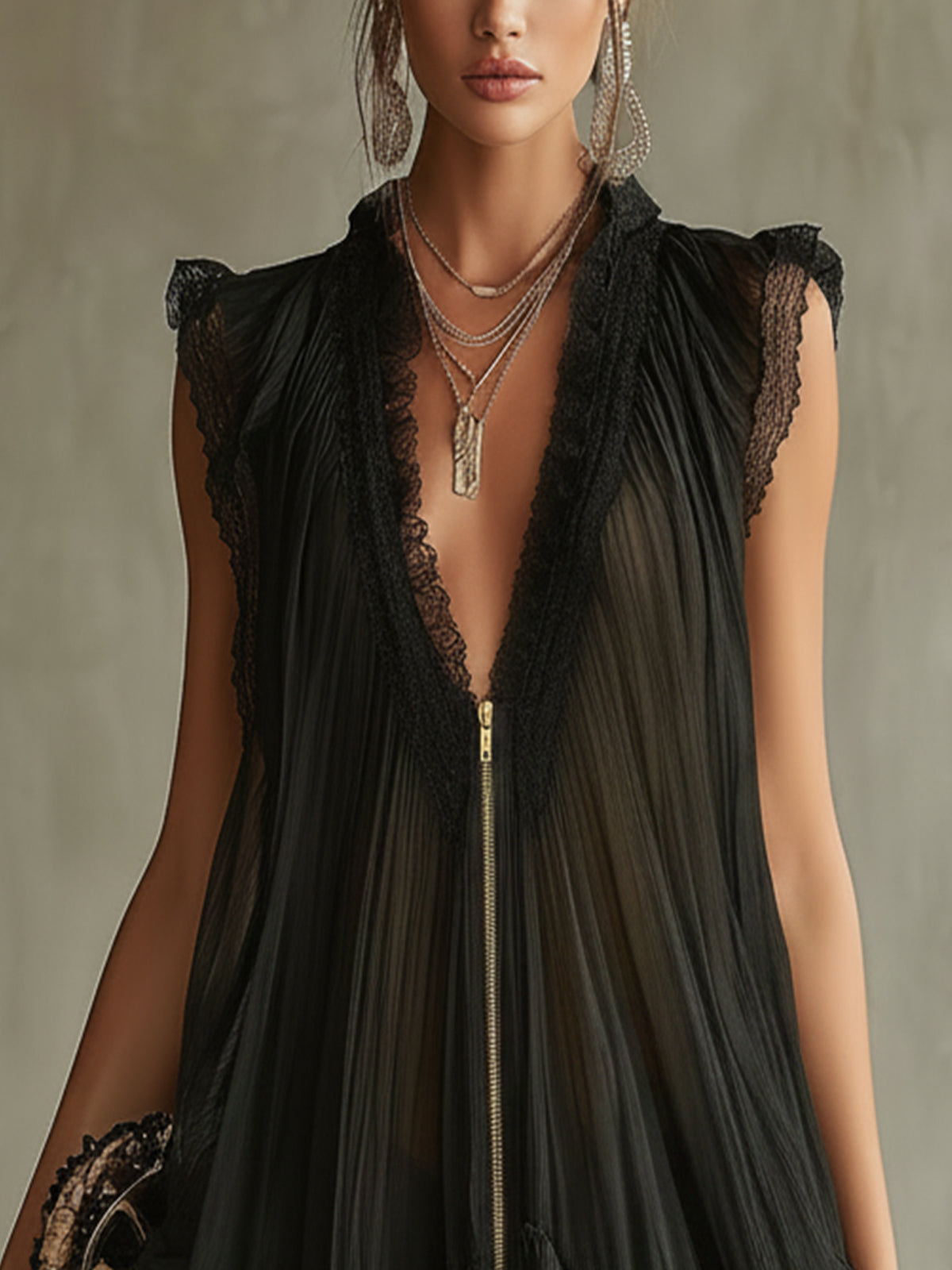 Black Pleated Chiffon Mini Dress with Lace Trim and Front Zipper