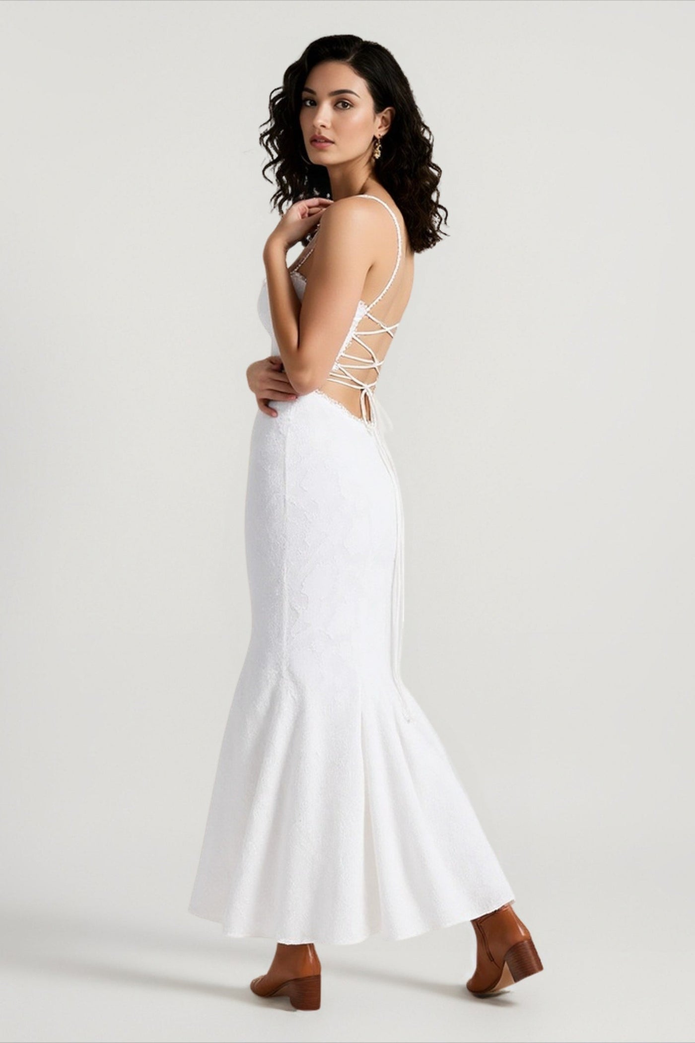 Tie Waist Sling Embroidered Mermaid Lace Dress