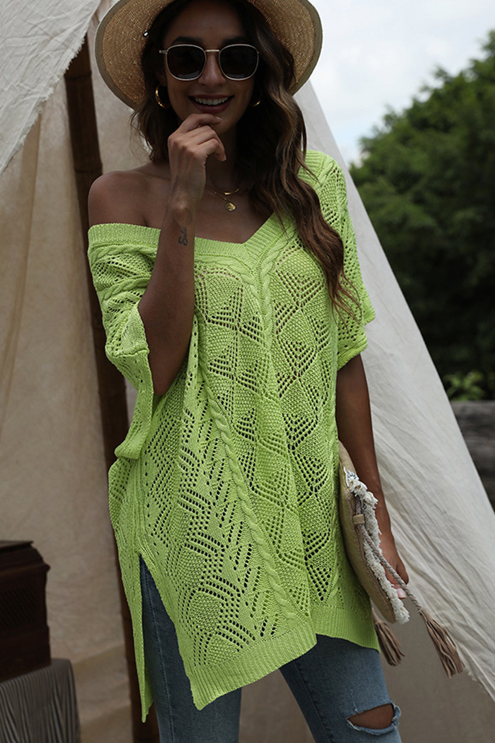 Hollowed Bat Sleeve Knit Shawl