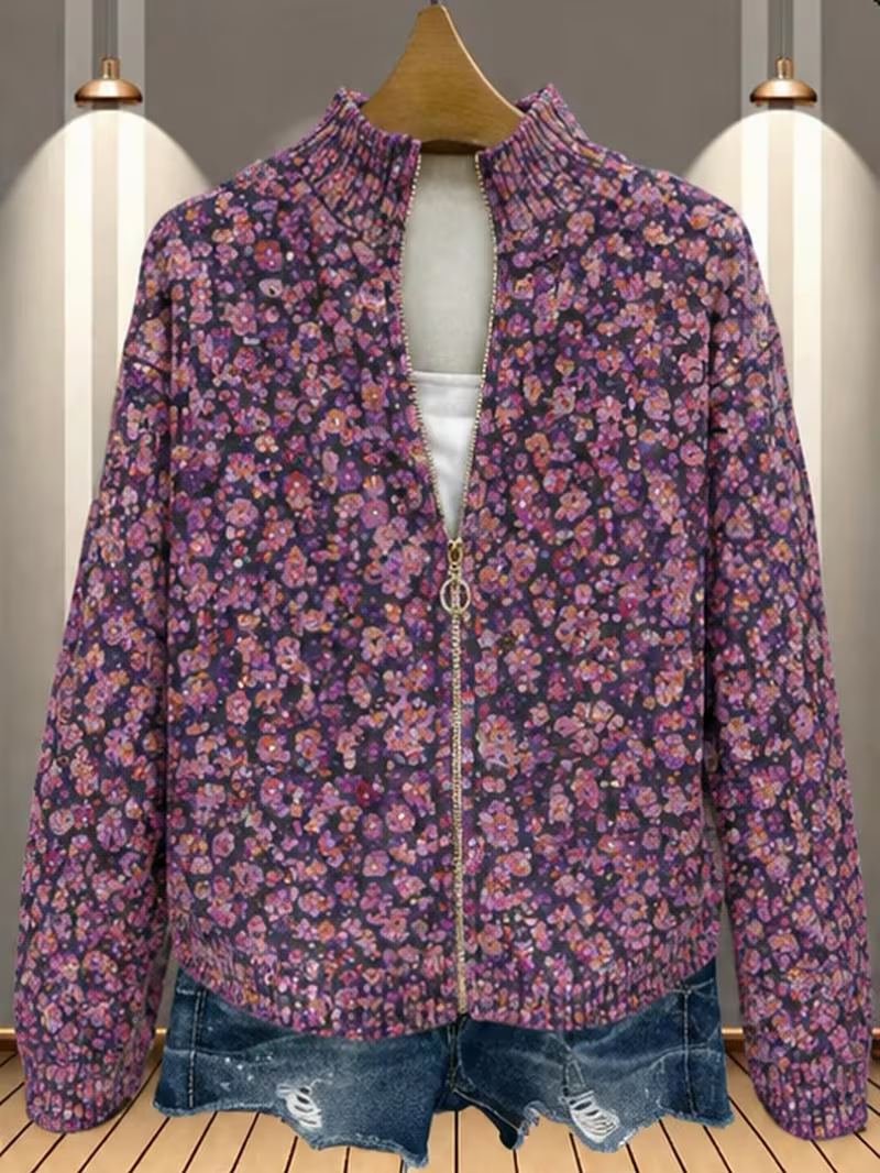 Ditsy Floral Print Zip Front Stand Collar Cardigan