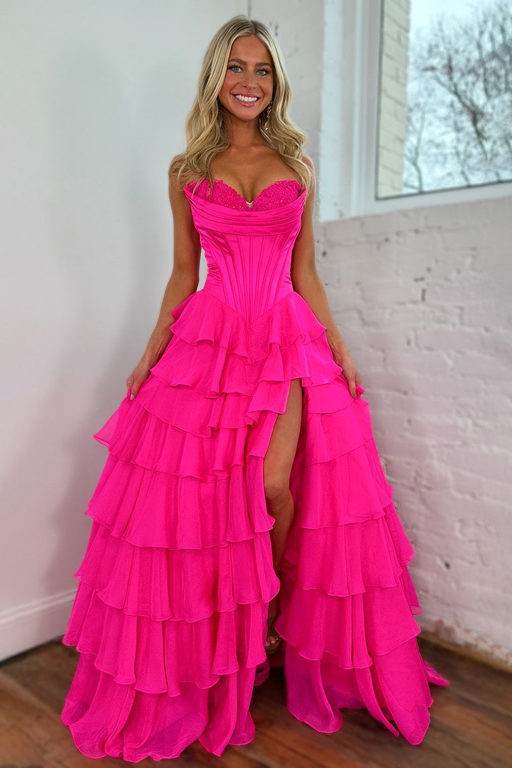 Lovely Yellow A-Line Sweetheart Long Tiered Prom Dress with Slit