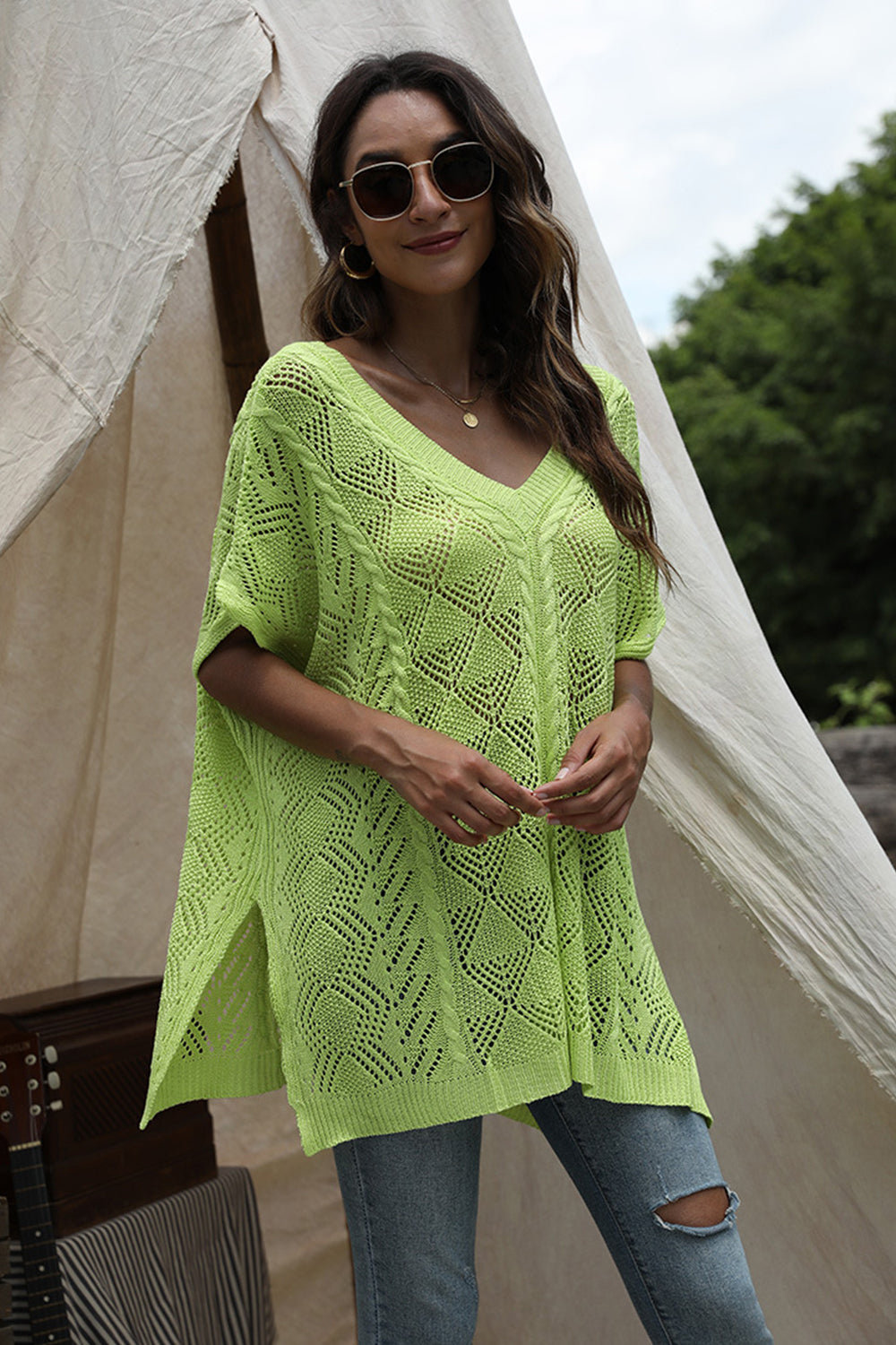 Hollowed Bat Sleeve Knit Shawl