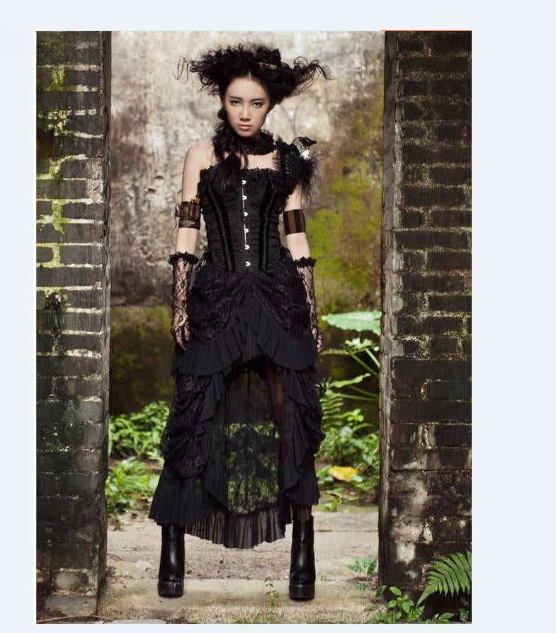 Gothic Victorian Strapless Corset Lace Tiered Ruffle High Low Dress 2