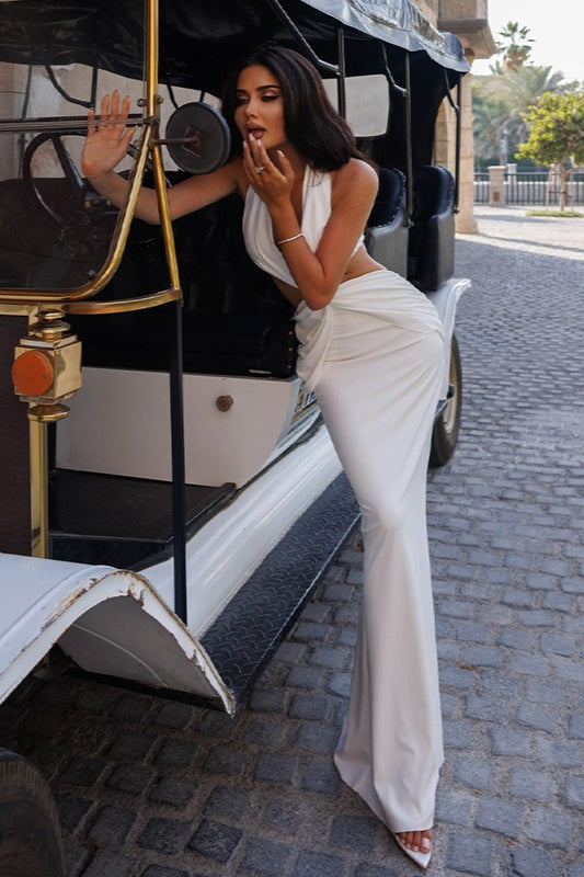 Halter Deep V-Neck Cut Out Ruched Bodycon Maxi Dress