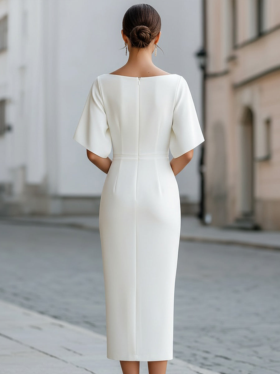 Boat Neck Batwing Sleeve Bodycon Pencil Midi Dress Cocktail