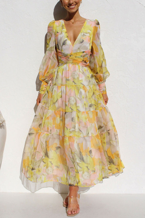 Abstract Floral Print Deep V-Neck Bishop Sleeve Tiered Wrap Waist Maxi Dress